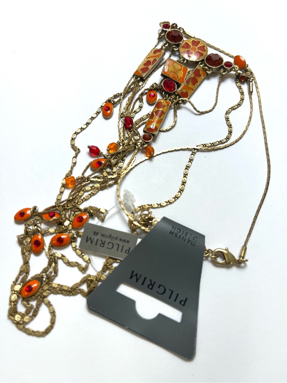 Pilgrim Gold-Tone Orange & Red Multi-Chain Pendant Necklace